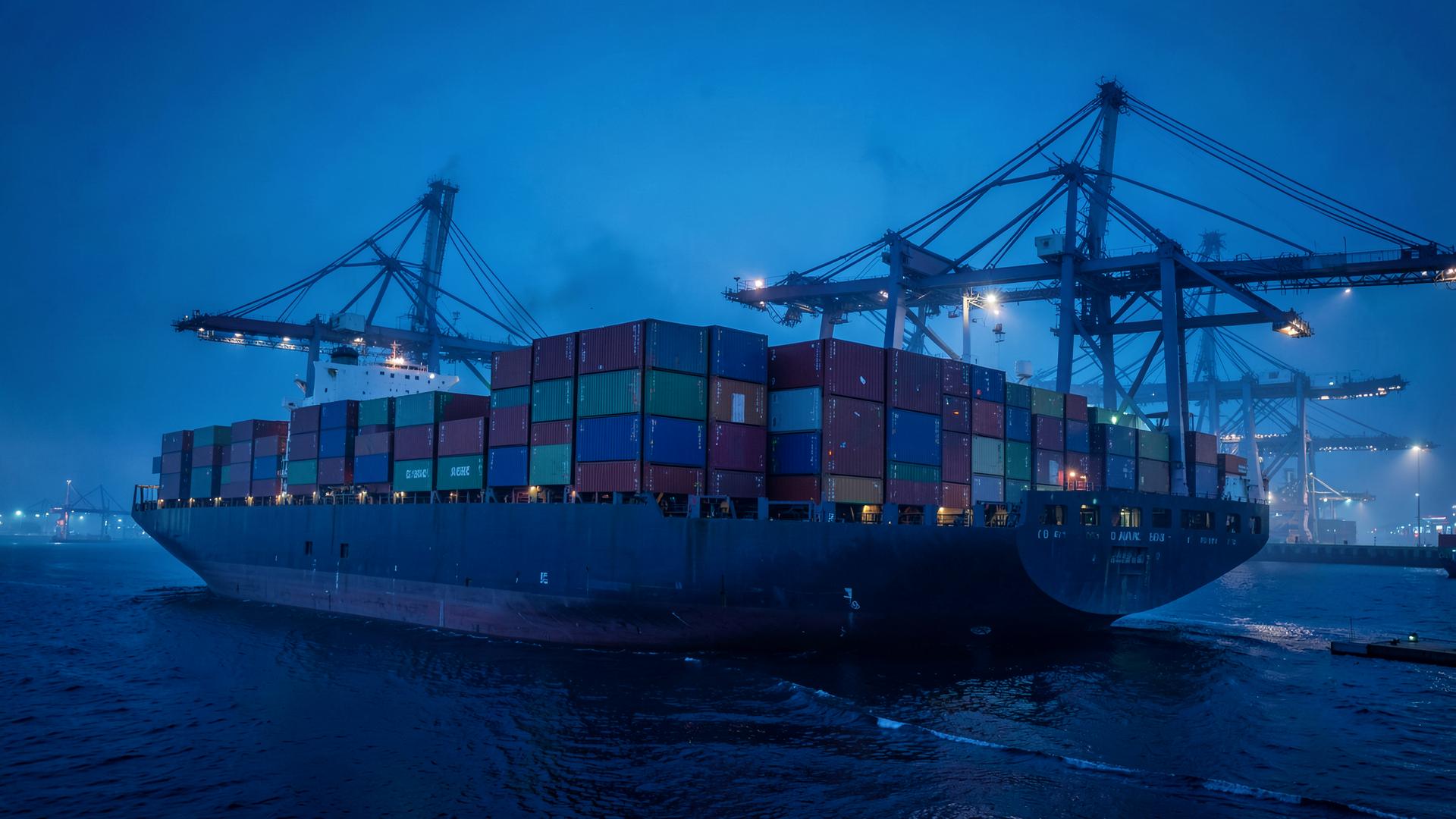 Container ship being loaded by gantry cranes at a port at dusk